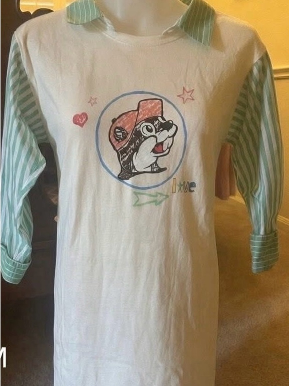 Buc-ee’s Cream Unique Graphic Tunic Top with Mint Stripe Sleeves